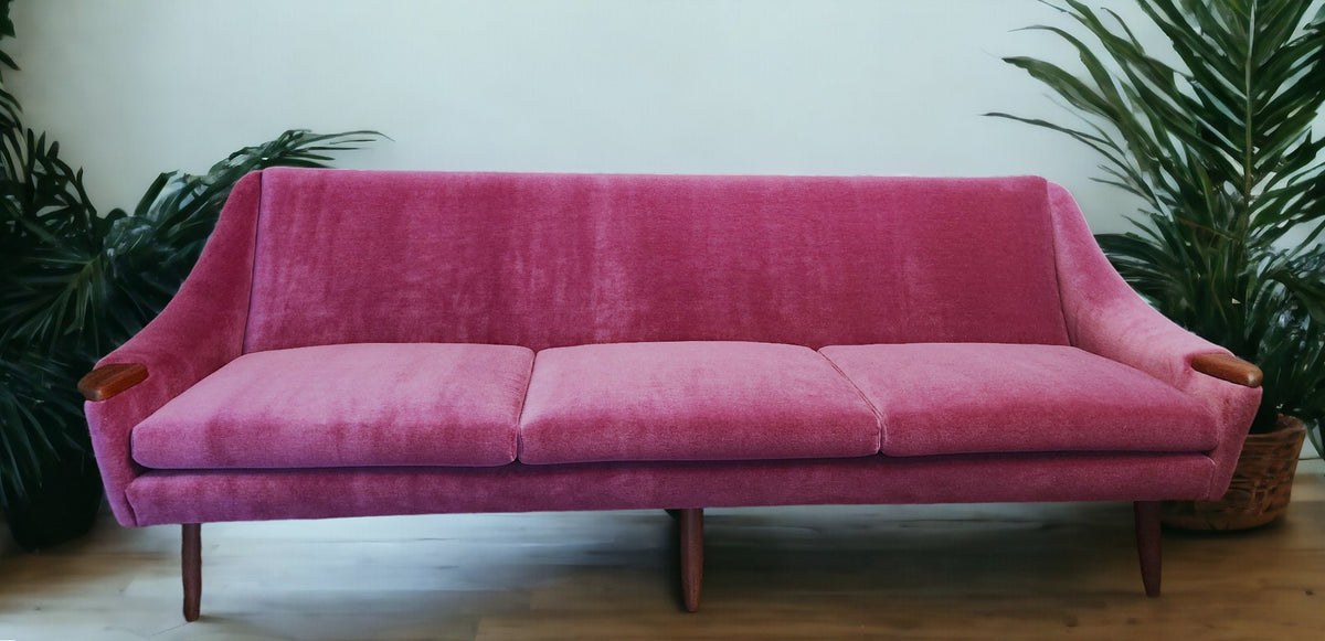 REFINISHED REUPHOLSTERED in Wool Mohair Danish Mid Century Modern Teak Sofa 93