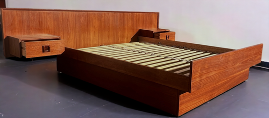 REFINISHED Danish Mid Century Modern Teak Bed w Floating Nightstands Queen