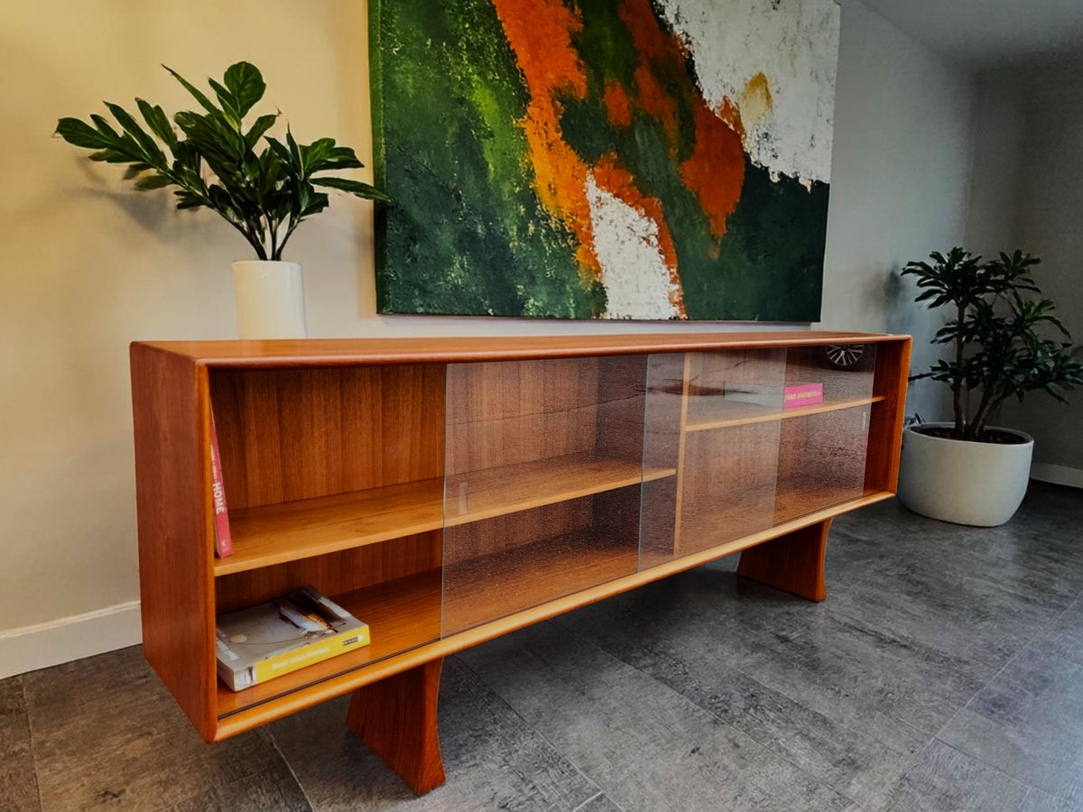 REFINISHED Danish MCM Teak Display TV Media Console w Finished Back 83