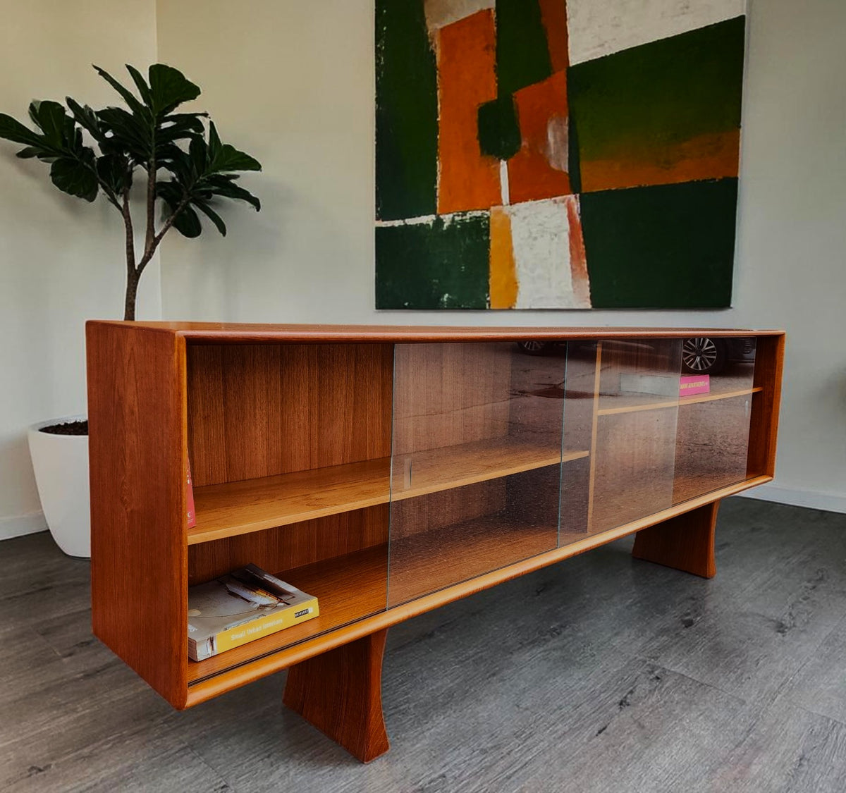 REFINISHED Danish MCM Teak Display TV Media Console w Finished Back 83