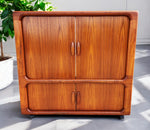 REFINISHED Danish MCM Teak Double Tambour Rolling Cabinet by DYRLUND 41.25