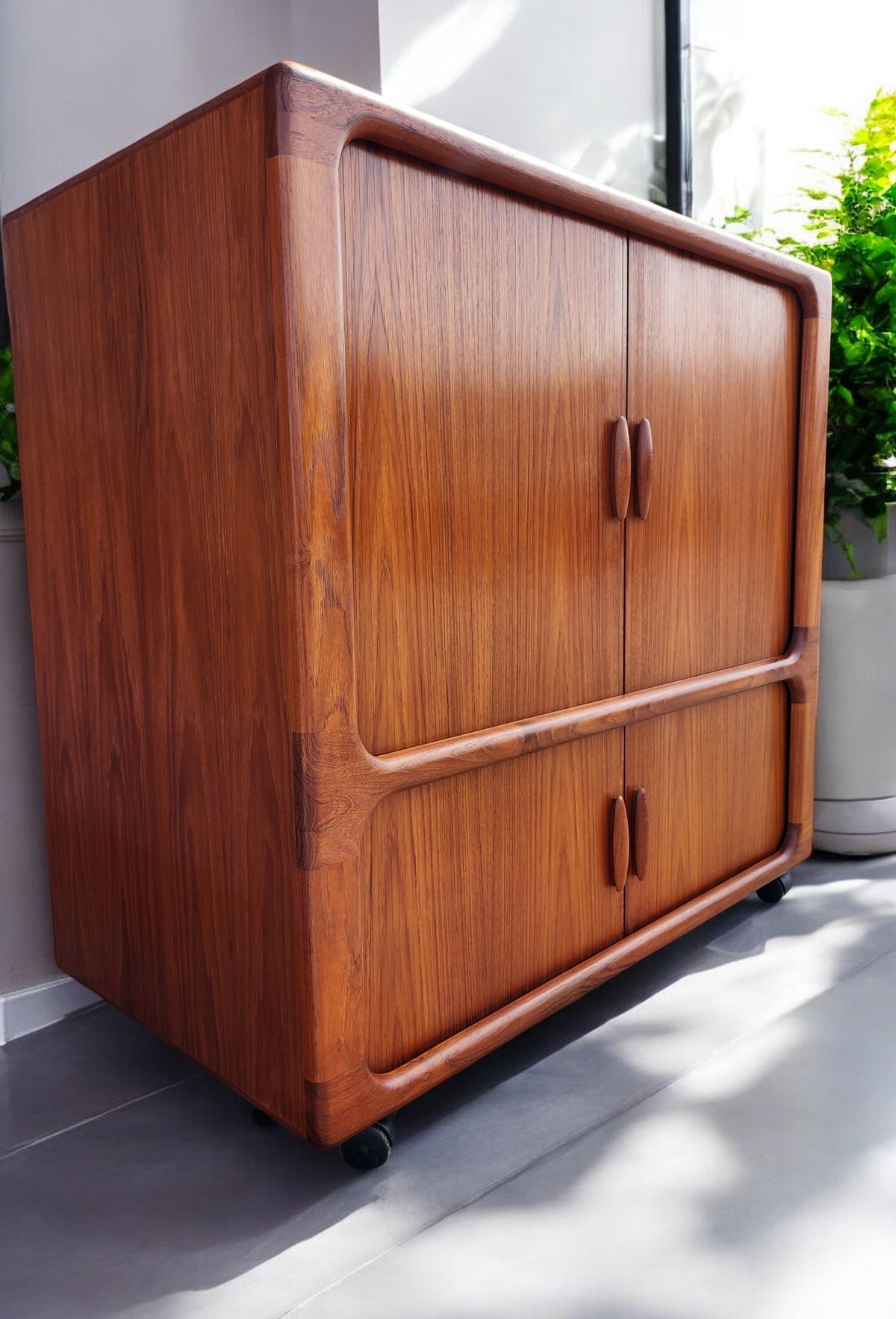 REFINISHED Danish MCM Teak Double Tambour Rolling Cabinet by DYRLUND 41.25