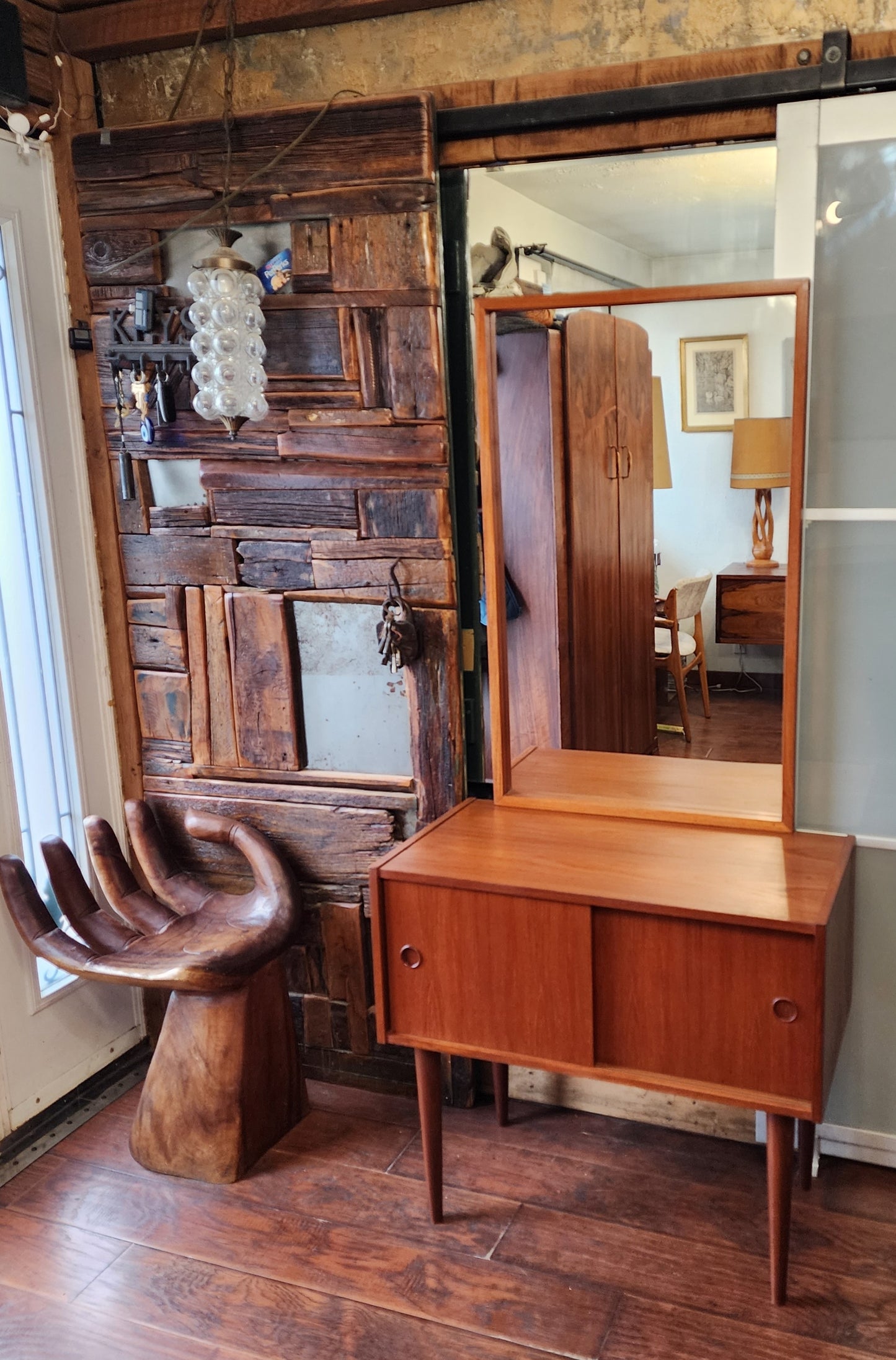 REFINISHED Danish Mid Century Modern Teak Cabinet & Mirror