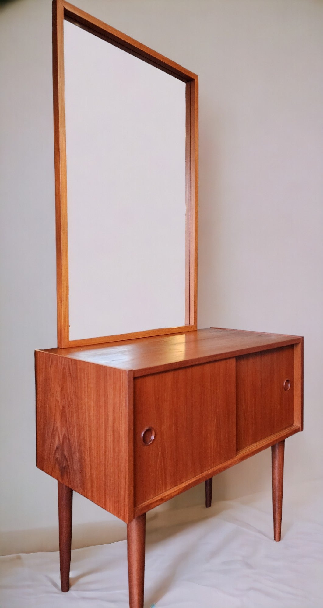 REFINISHED Danish Mid Century Modern Teak Cabinet & Mirror