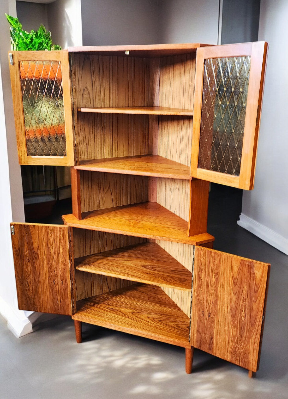 RESTORED Danish Mid Century Modern Teak Corner Cabinet w Bar