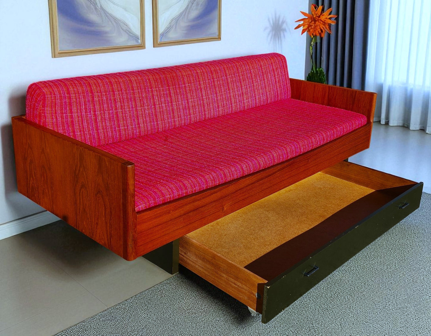 REFINISHED Danish Mid Century Modern Teak Daybed with Storage Drawer