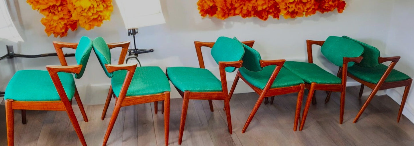 6 REFINISHED REUPHOLSTERED Danish MCM Teak Armchairs by Kai Kristiansen, Model 42