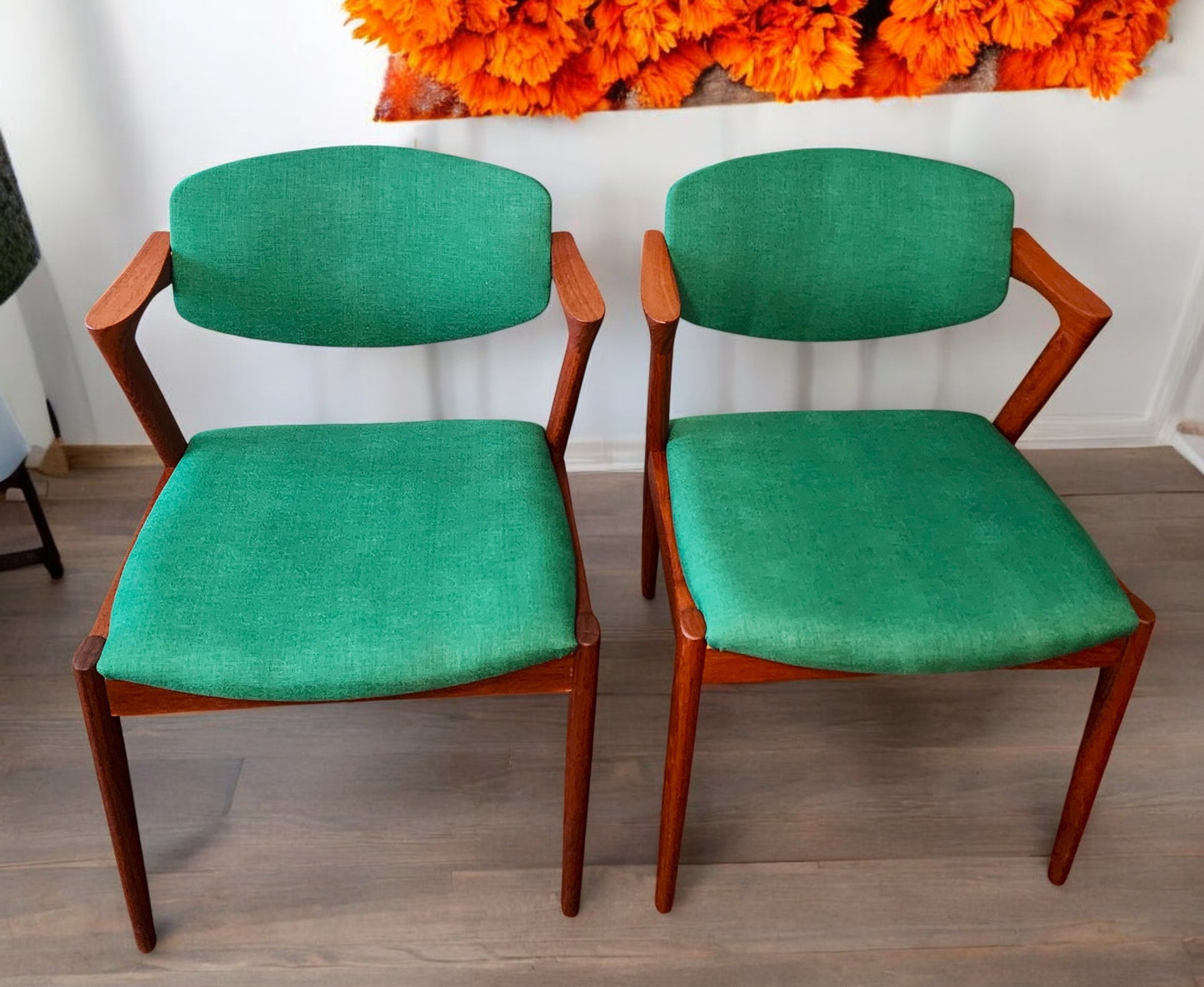 6 REFINISHED REUPHOLSTERED Danish MCM Teak Armchairs by Kai Kristiansen, Model 42