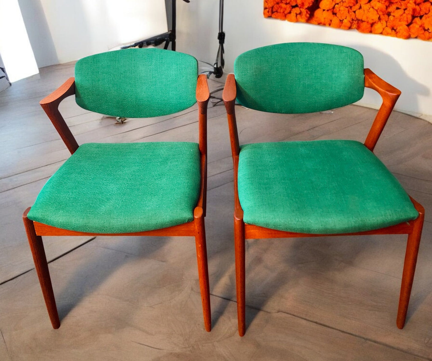 6 REFINISHED REUPHOLSTERED Danish MCM Teak Armchairs by Kai Kristiansen, Model 42
