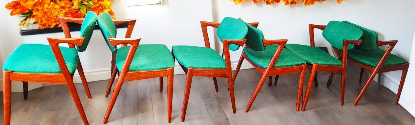 6 REFINISHED REUPHOLSTERED Danish MCM Teak Armchairs by Kai Kristiansen, Model 42