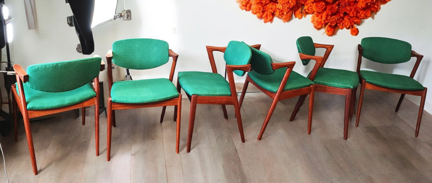 6 REFINISHED REUPHOLSTERED Danish MCM Teak Armchairs by Kai Kristiansen, Model 42