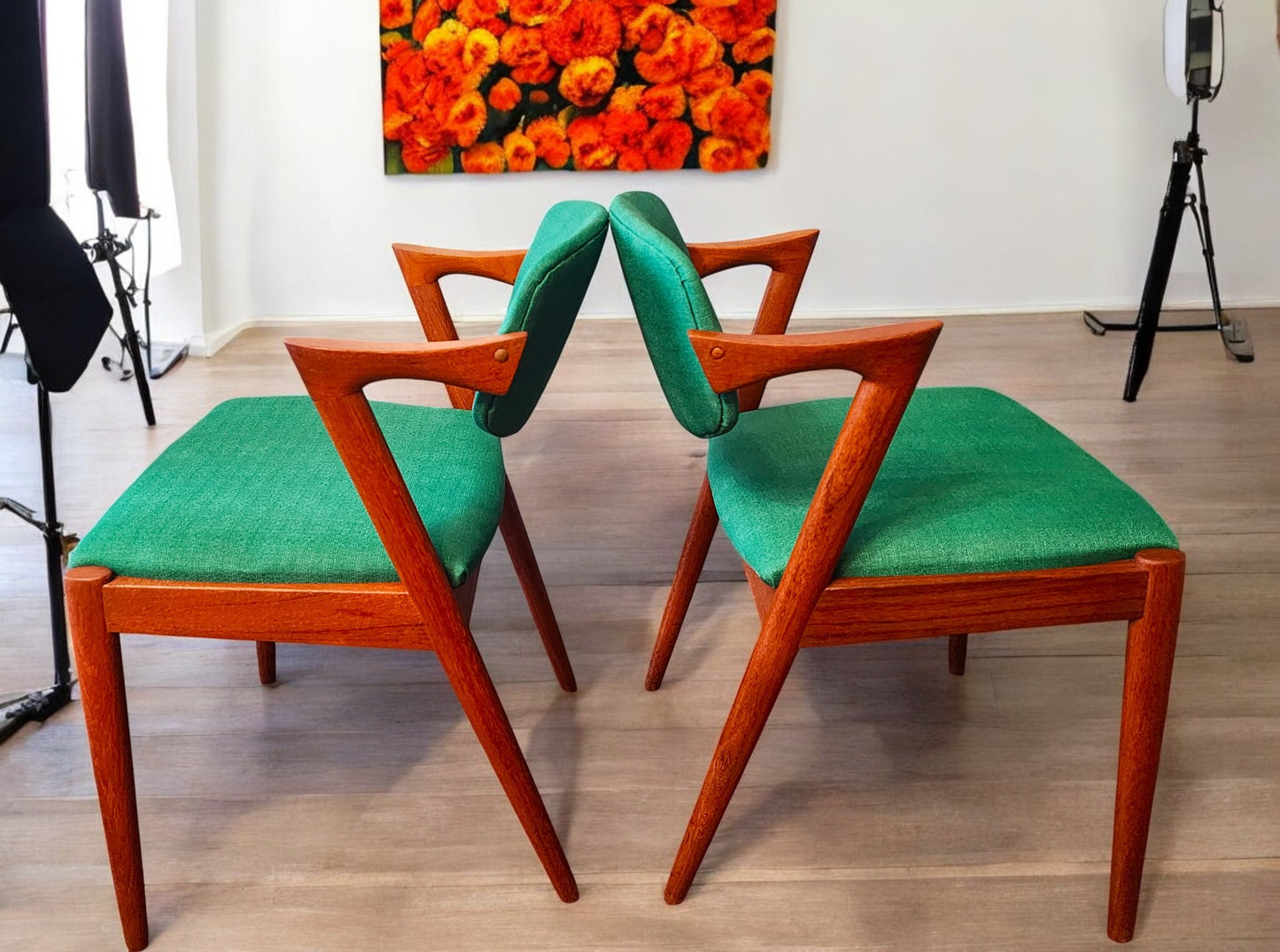 6 REFINISHED REUPHOLSTERED Danish MCM Teak Armchairs by Kai Kristiansen, Model 42