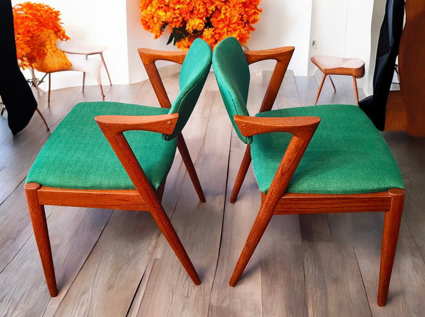 6 REFINISHED REUPHOLSTERED Danish MCM Teak Armchairs by Kai Kristiansen, Model 42