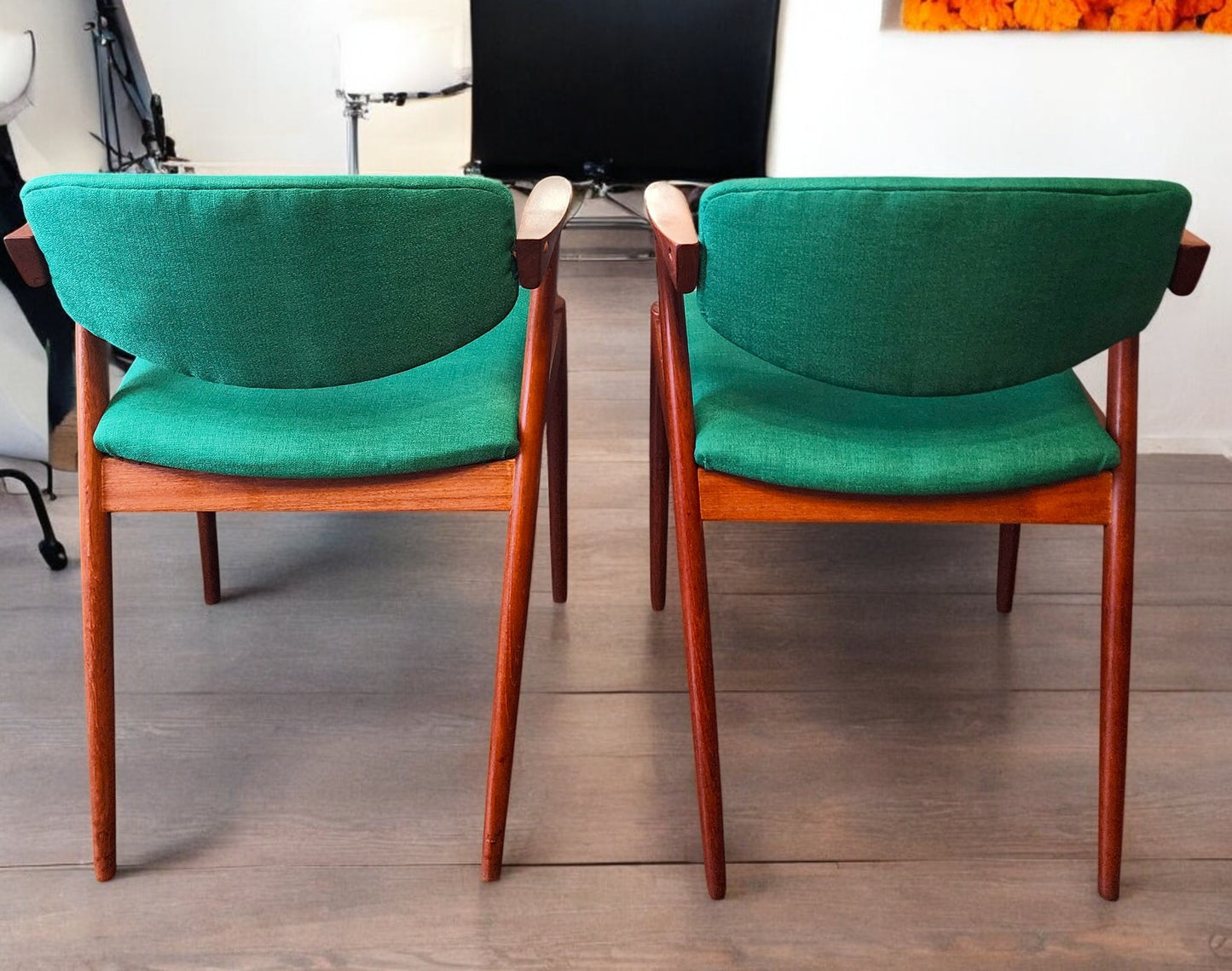 6 REFINISHED REUPHOLSTERED Danish MCM Teak Armchairs by Kai Kristiansen, Model 42