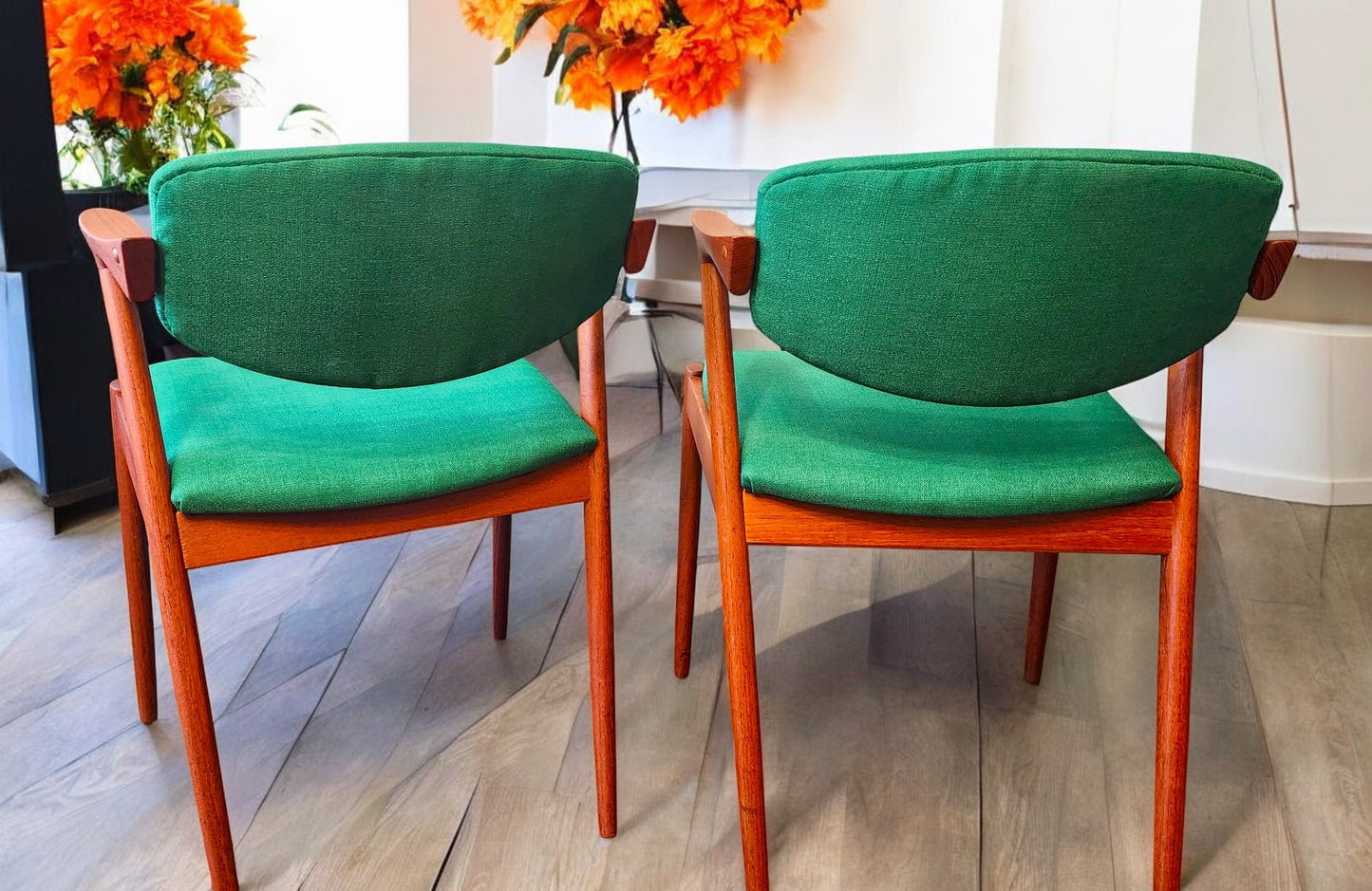 6 REFINISHED REUPHOLSTERED Danish MCM Teak Armchairs by Kai Kristiansen, Model 42