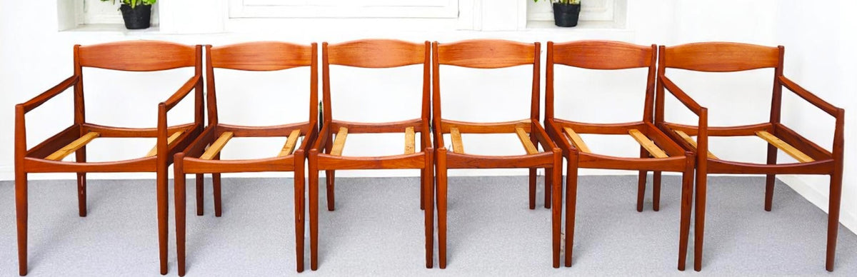6 REFINISHED REUPHOLSTERED in wool mohair Danish MCM Teak Chairs by Bramin