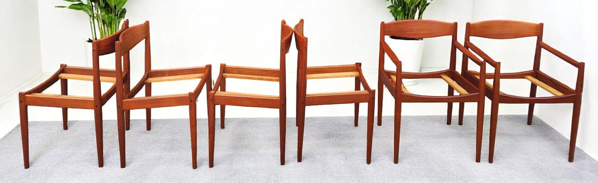 6 REFINISHED REUPHOLSTERED in wool mohair Danish MCM Teak Chairs by Bramin