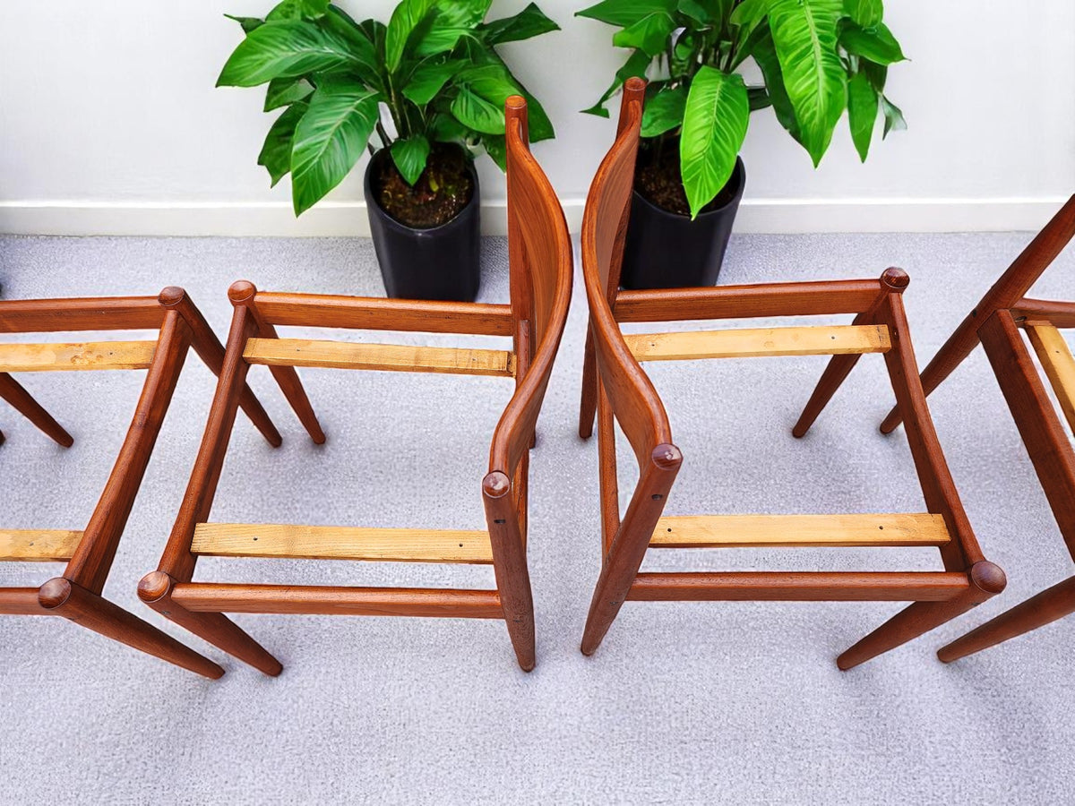 6 REFINISHED REUPHOLSTERED in wool mohair Danish MCM Teak Chairs by Bramin