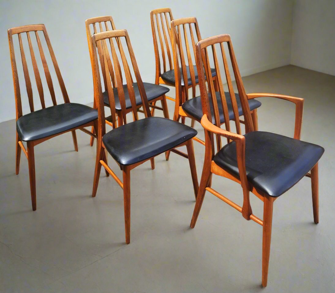 6 REFINISHED Danish Mid Century Modern Teak Chairs by Niels Koefoed, model Eva