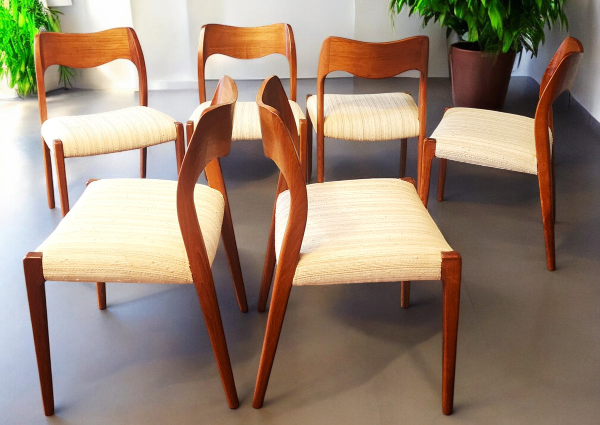 6 RESTORED Danish Mid Century Modern Teak Chairs by Niels O. Møller, Model 71