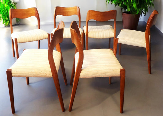 6 RESTORED Danish Mid Century Modern Teak Chairs by Niels O. Møller, Model 71