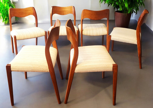 6 RESTORED Danish Mid Century Modern Teak Chairs by Niels O. Møller, Model 71