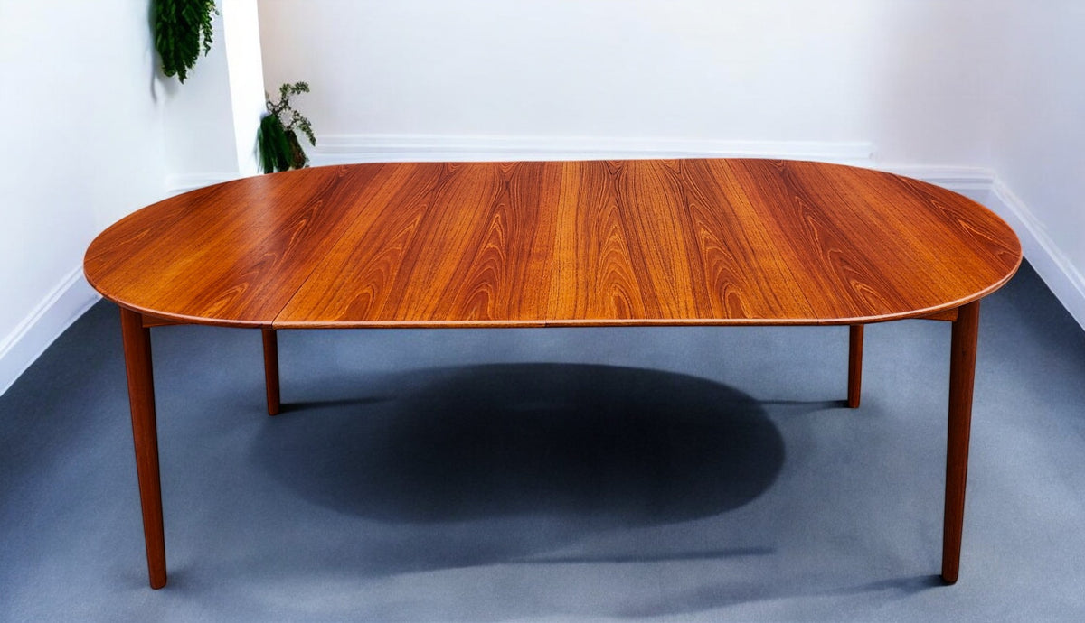 REFINISHED Danish Mid Century Modern Teak Table Round to Oval w 2 Leaves 45