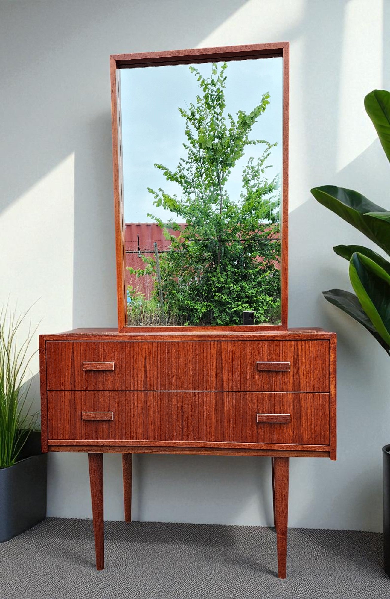 REFINISHED Danish Mid Century Modern Teak Cabinet w 2 Drawers & Mirror
