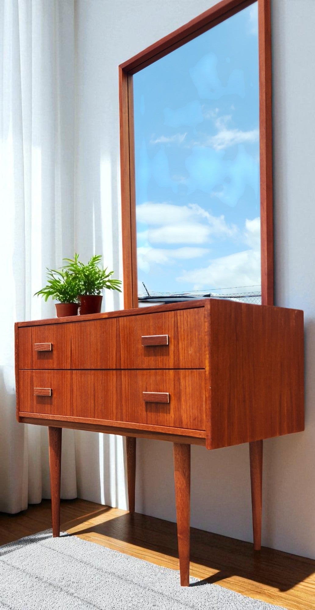 REFINISHED Danish Mid Century Modern Teak Cabinet w 2 Drawers & Mirror
