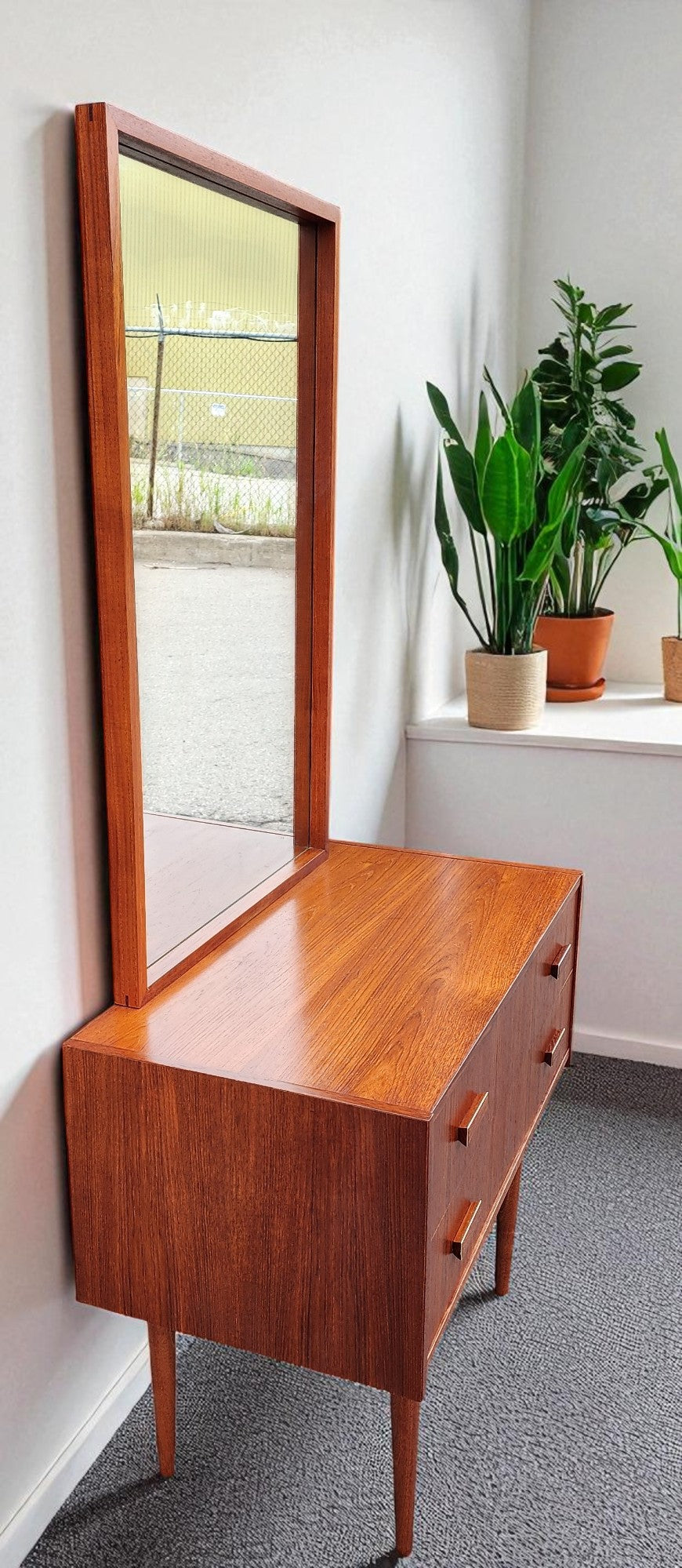 REFINISHED Danish Mid Century Modern Teak Cabinet w 2 Drawers & Mirror