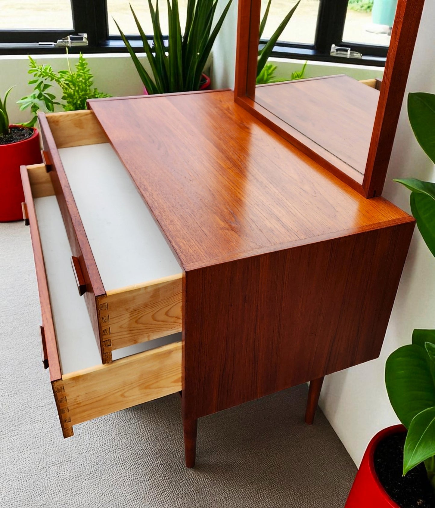 REFINISHED Danish Mid Century Modern Teak Cabinet w 2 Drawers & Mirror