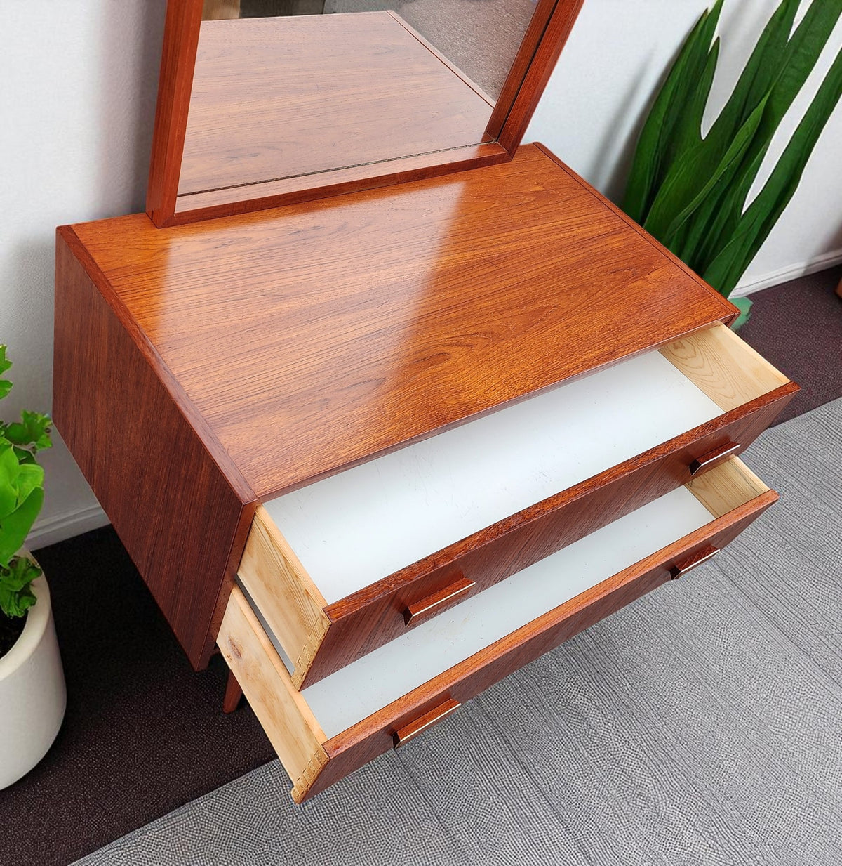 REFINISHED Danish Mid Century Modern Teak Cabinet w 2 Drawers & Free Mirror