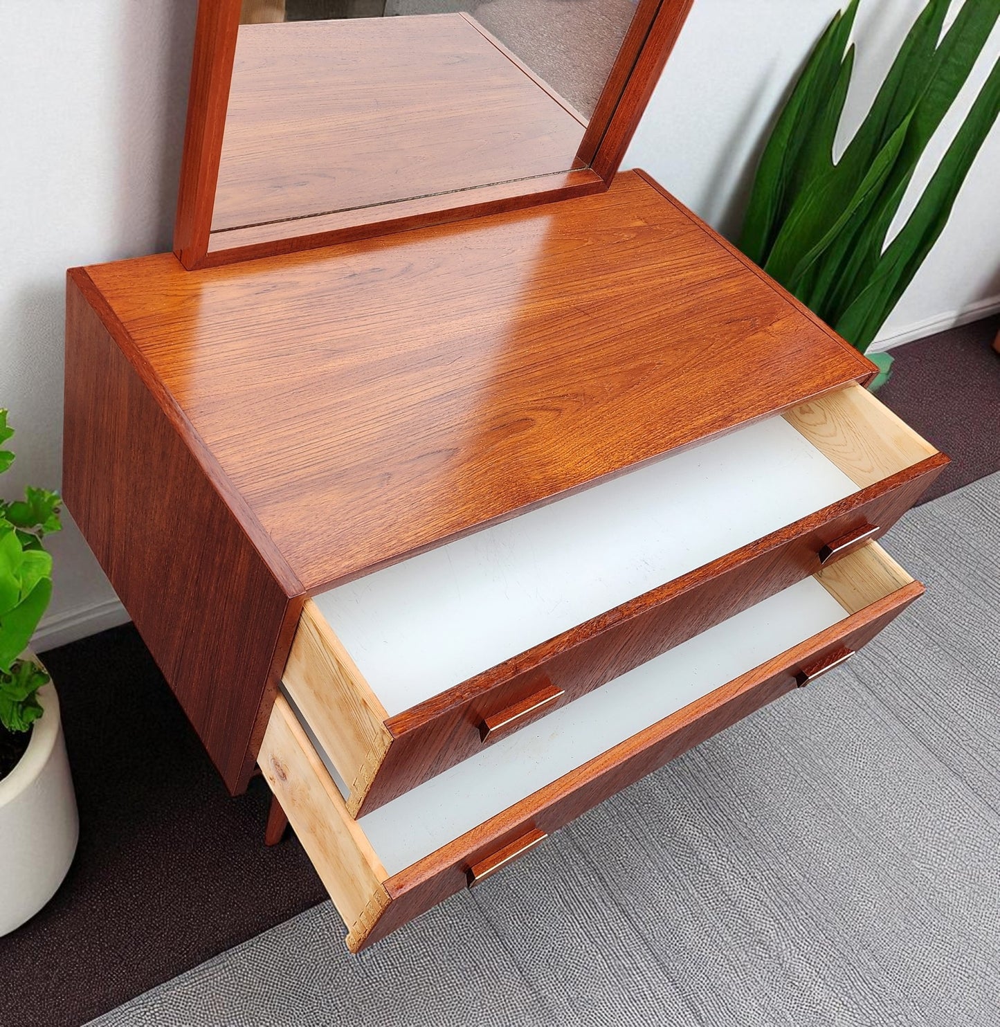 REFINISHED Danish Mid Century Modern Teak Cabinet w 2 Drawers & Mirror