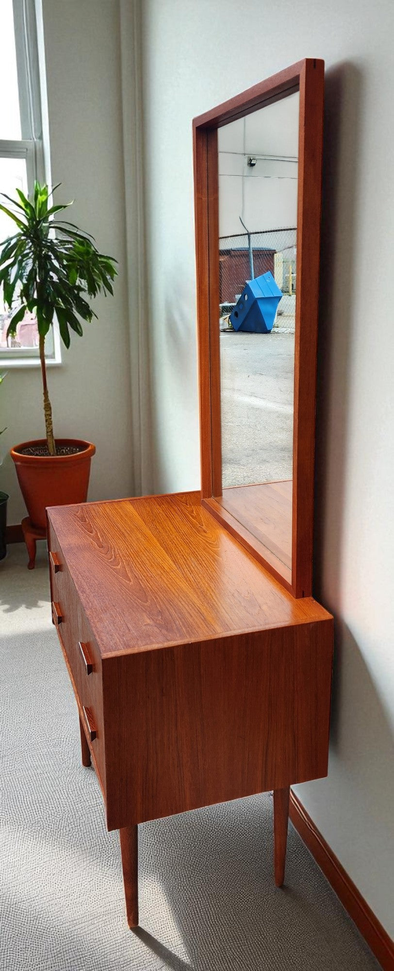 REFINISHED Danish Mid Century Modern Teak Cabinet w 2 Drawers & Mirror
