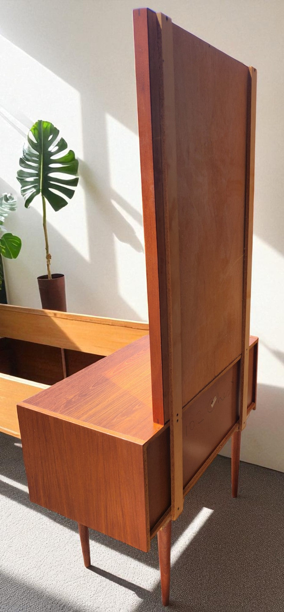 REFINISHED Danish Mid Century Modern Teak Cabinet w 2 Drawers & Mirror