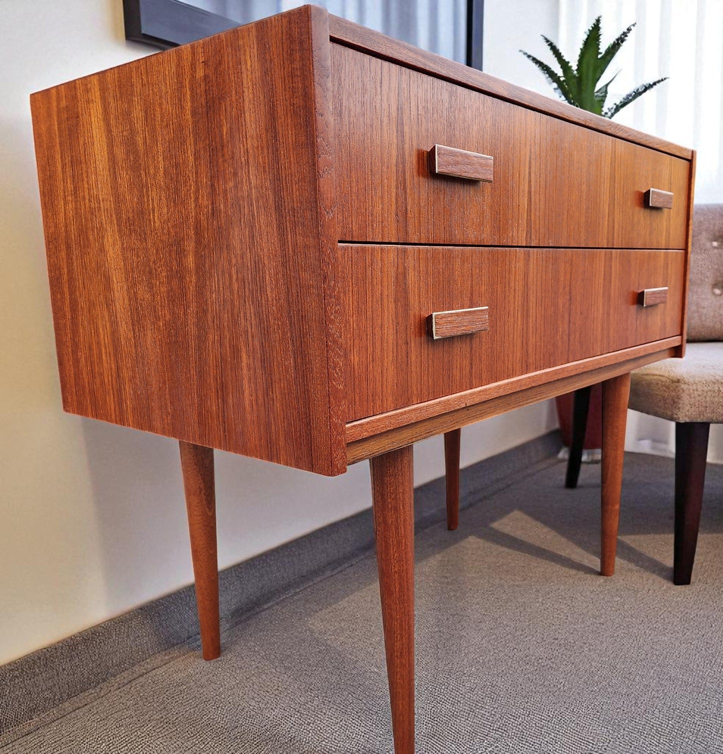 REFINISHED Danish Mid Century Modern Teak Cabinet w 2 Drawers & Mirror