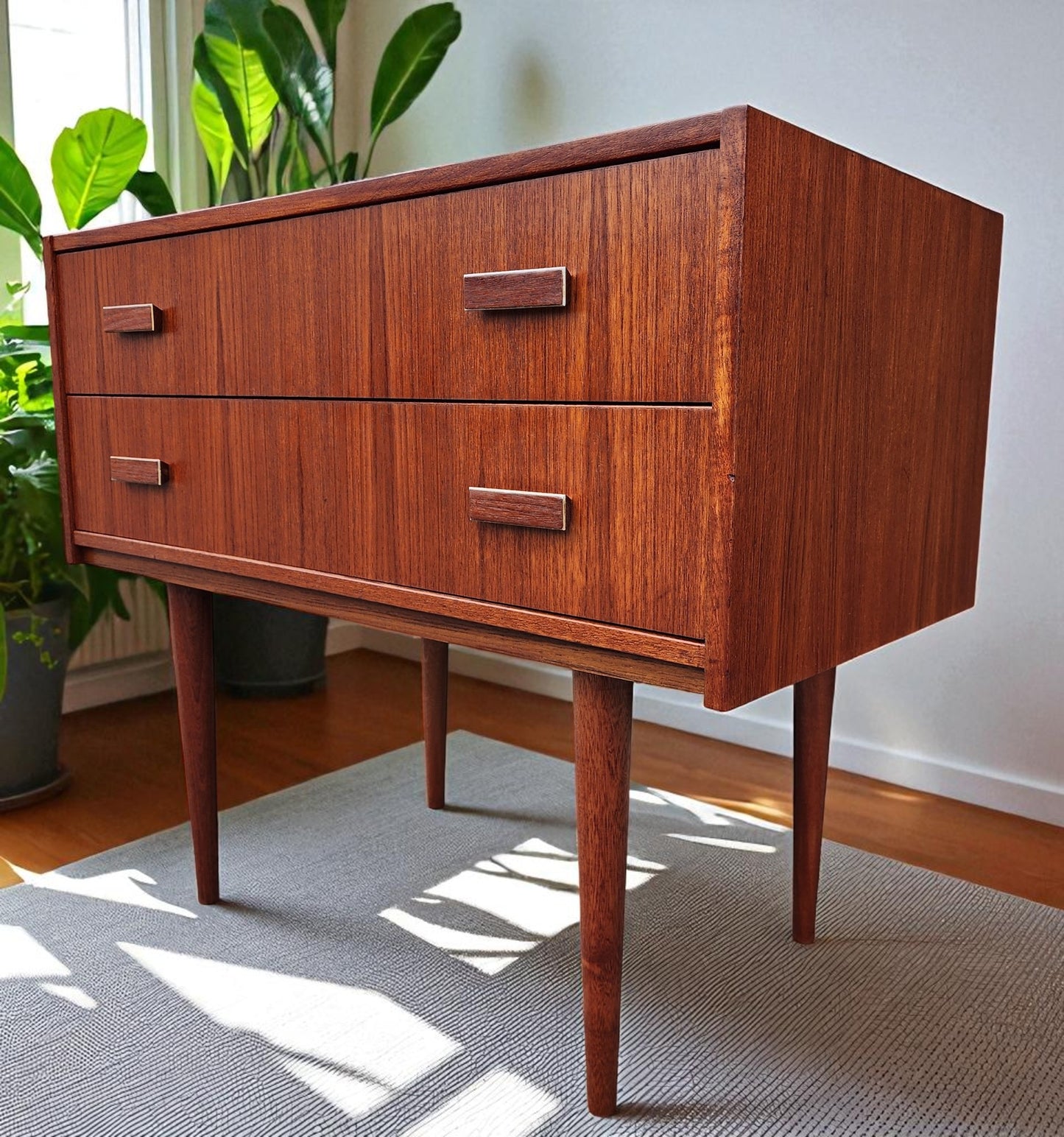 REFINISHED Danish Mid Century Modern Teak Cabinet w 2 Drawers & Mirror