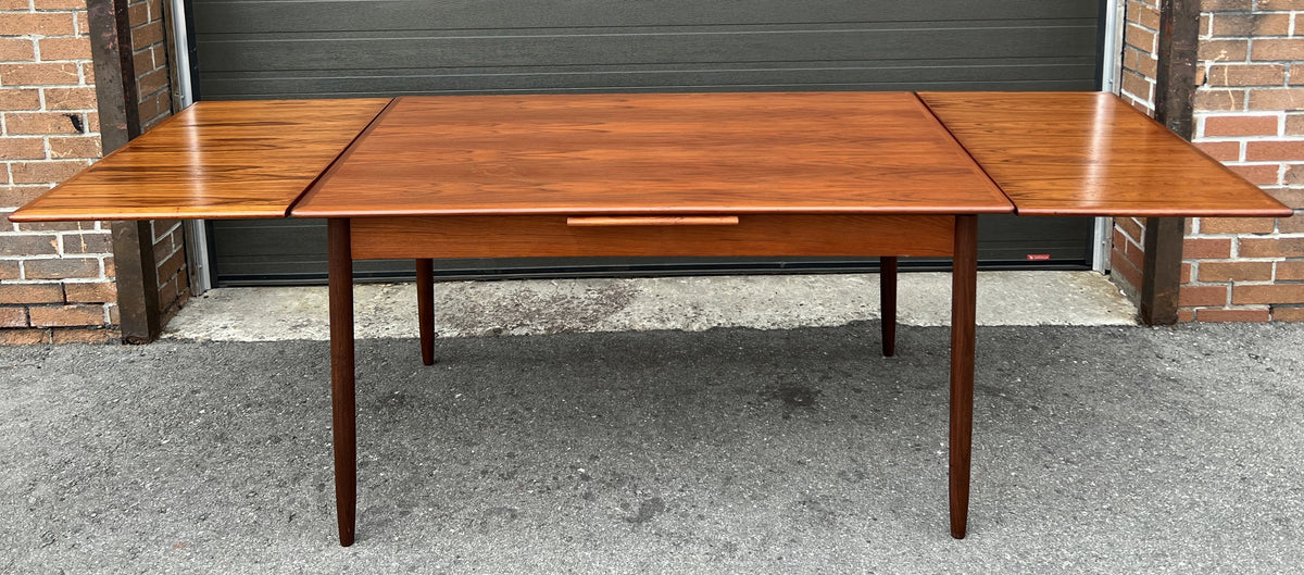 REFINISHED Danish Mid Century Modern Teak Table Draw Leaf,  55