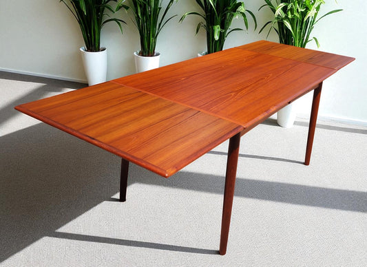 REFINISHED Danish Mid Century Modern Teak Draw Leaf Table 55"-98"