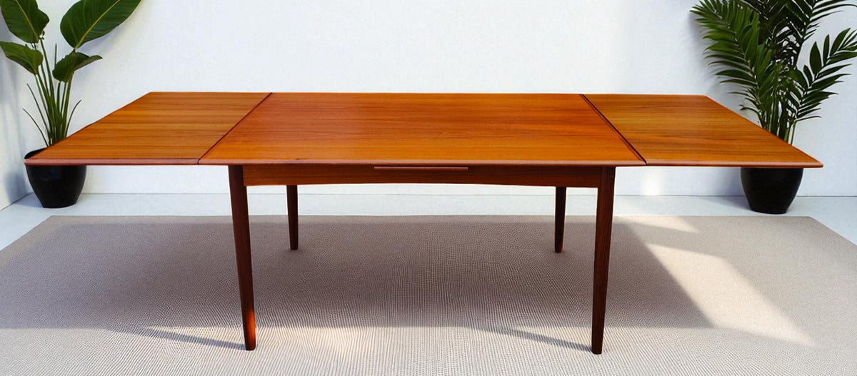 REFINISHED Danish Mid Century Modern Teak Draw Leaf Table 55