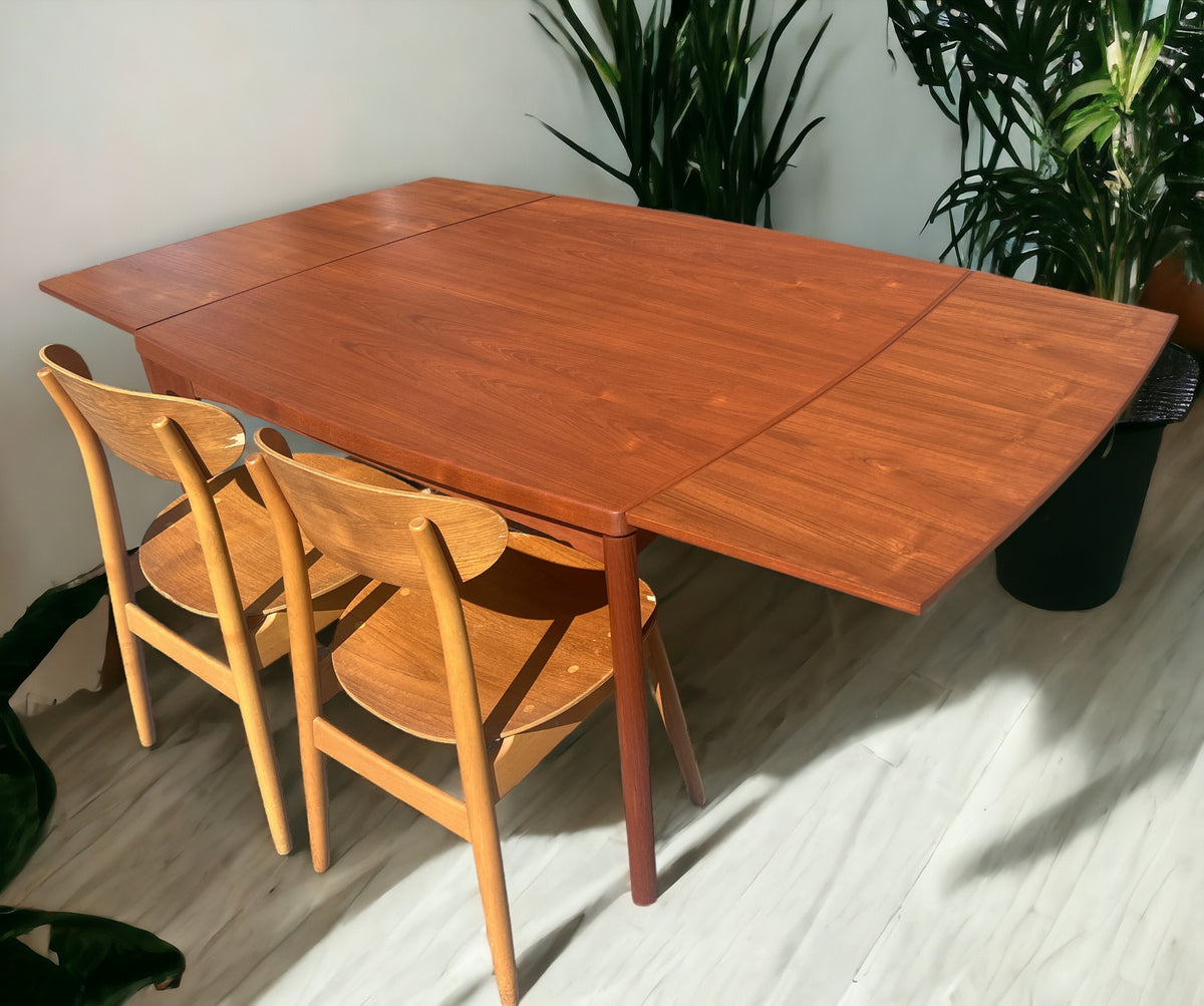 REFINISHED Danish Mid Century Modern Teak Table Draw Leaf 45