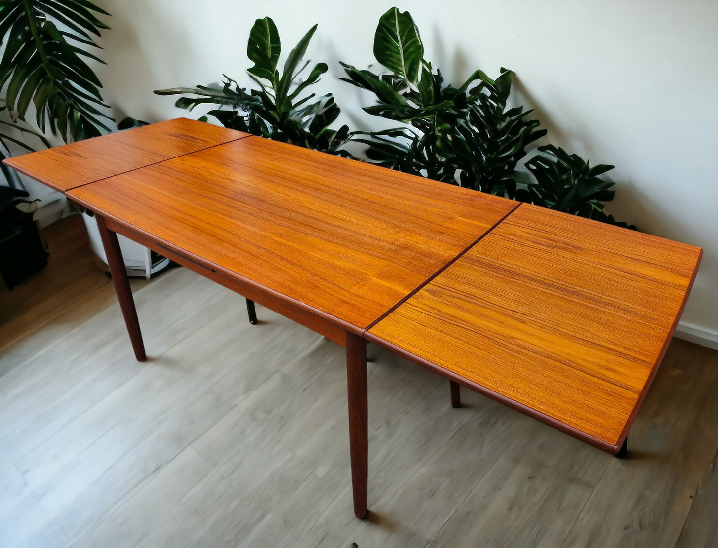 REFINISHED Danish Mid Century Modern Teak Table Draw Leaf 51"-91"