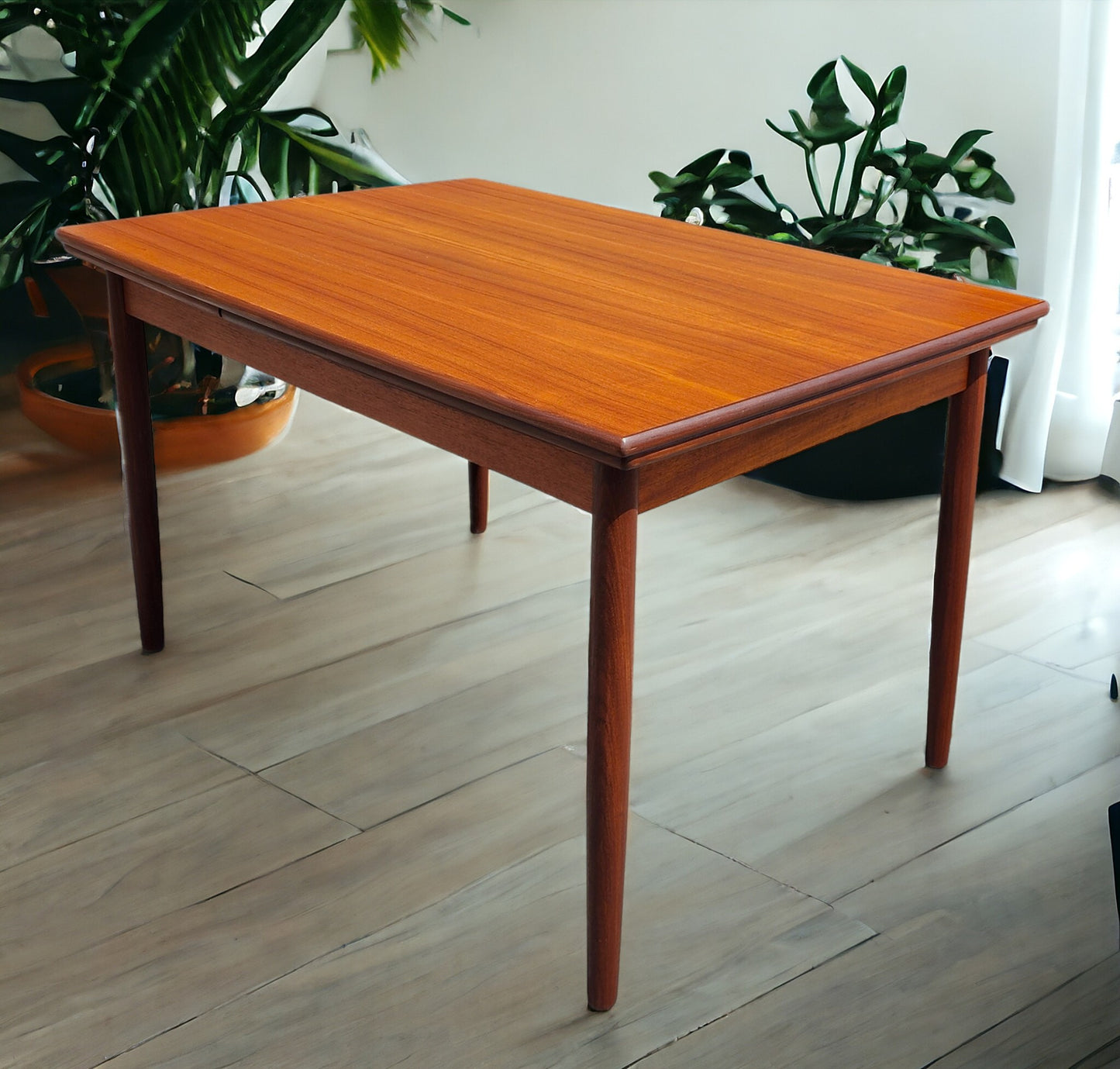 REFINISHED Danish Mid Century Modern Teak Table Draw Leaf 51"-91"