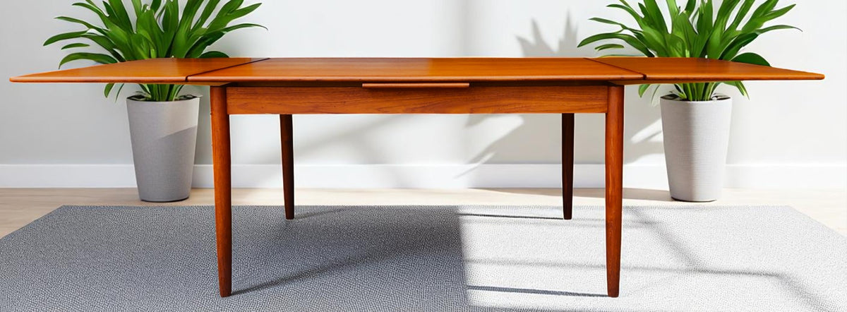 REFINISHED Danish Mid Century Modern Teak Draw Leaf Table 55