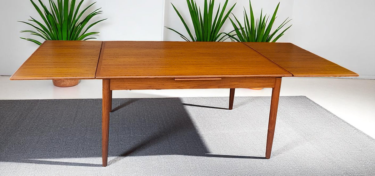 REFINISHED Danish Mid Century Modern Teak Draw Leaf Table 55