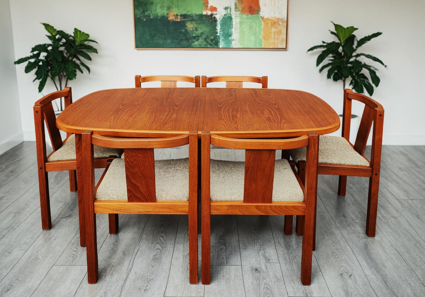 RESTORED Danish MCM Teak Table w 2 Leaves 63"-101" & 6 Chairs