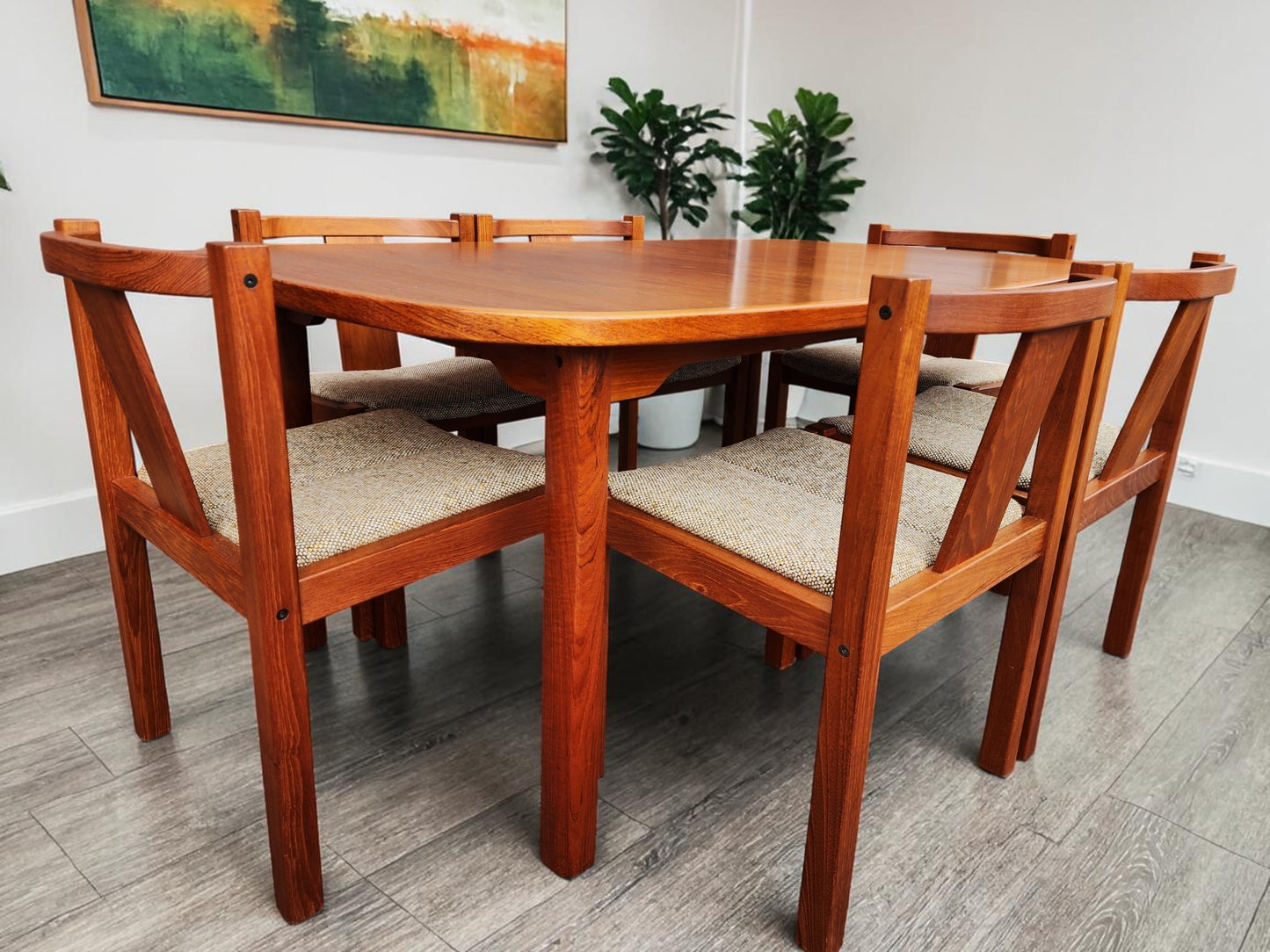 RESTORED Danish MCM Teak Table w 2 Leaves 63"-101" & 6 Chairs
