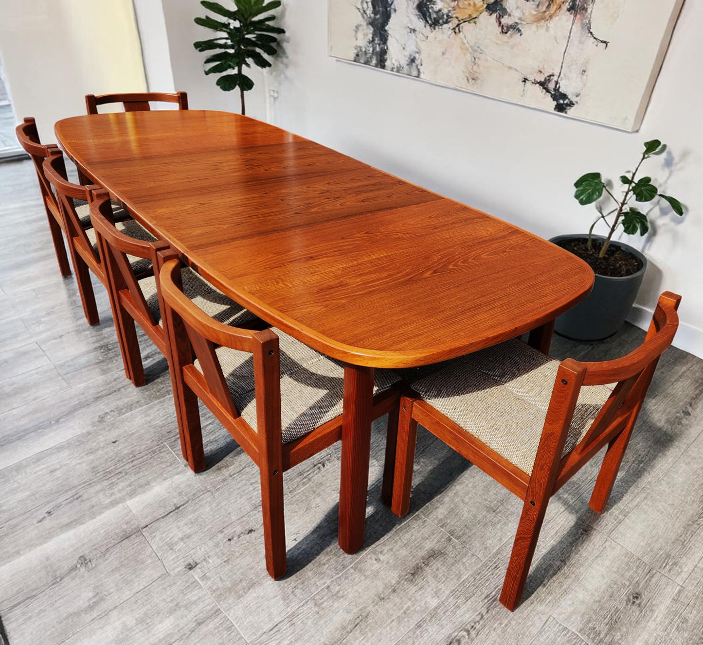 RESTORED Danish MCM Teak Table w 2 Leaves 63"-101" & 6 Chairs