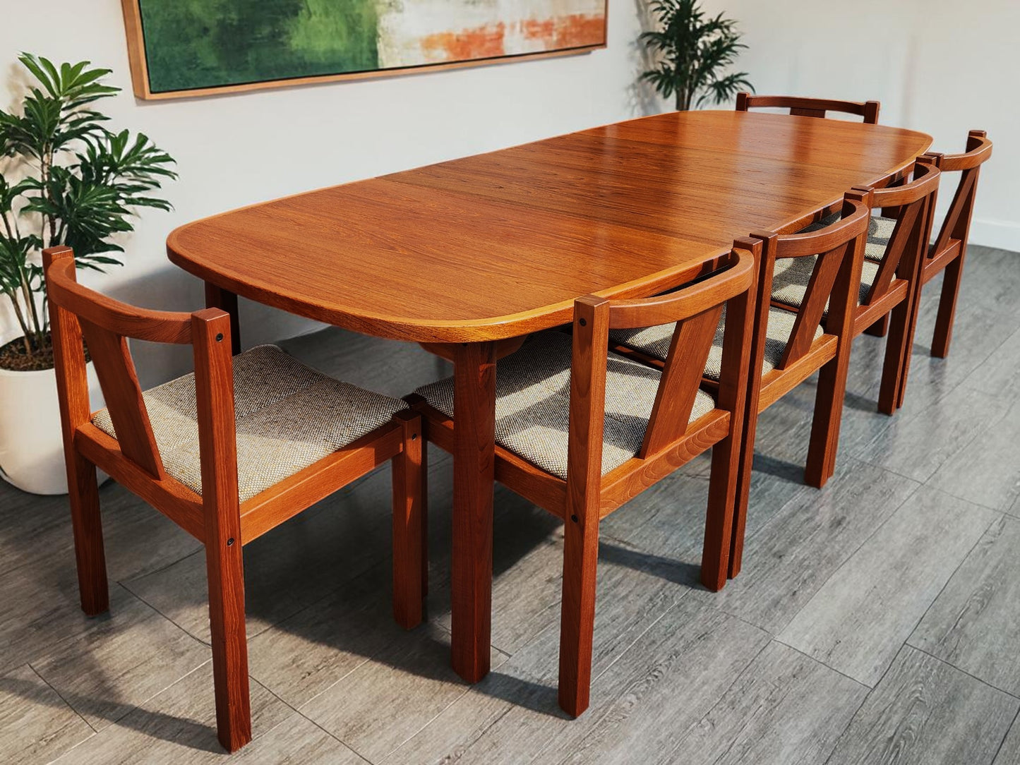 RESTORED Danish MCM Teak Table w 2 Leaves 63"-101" & 6 Chairs