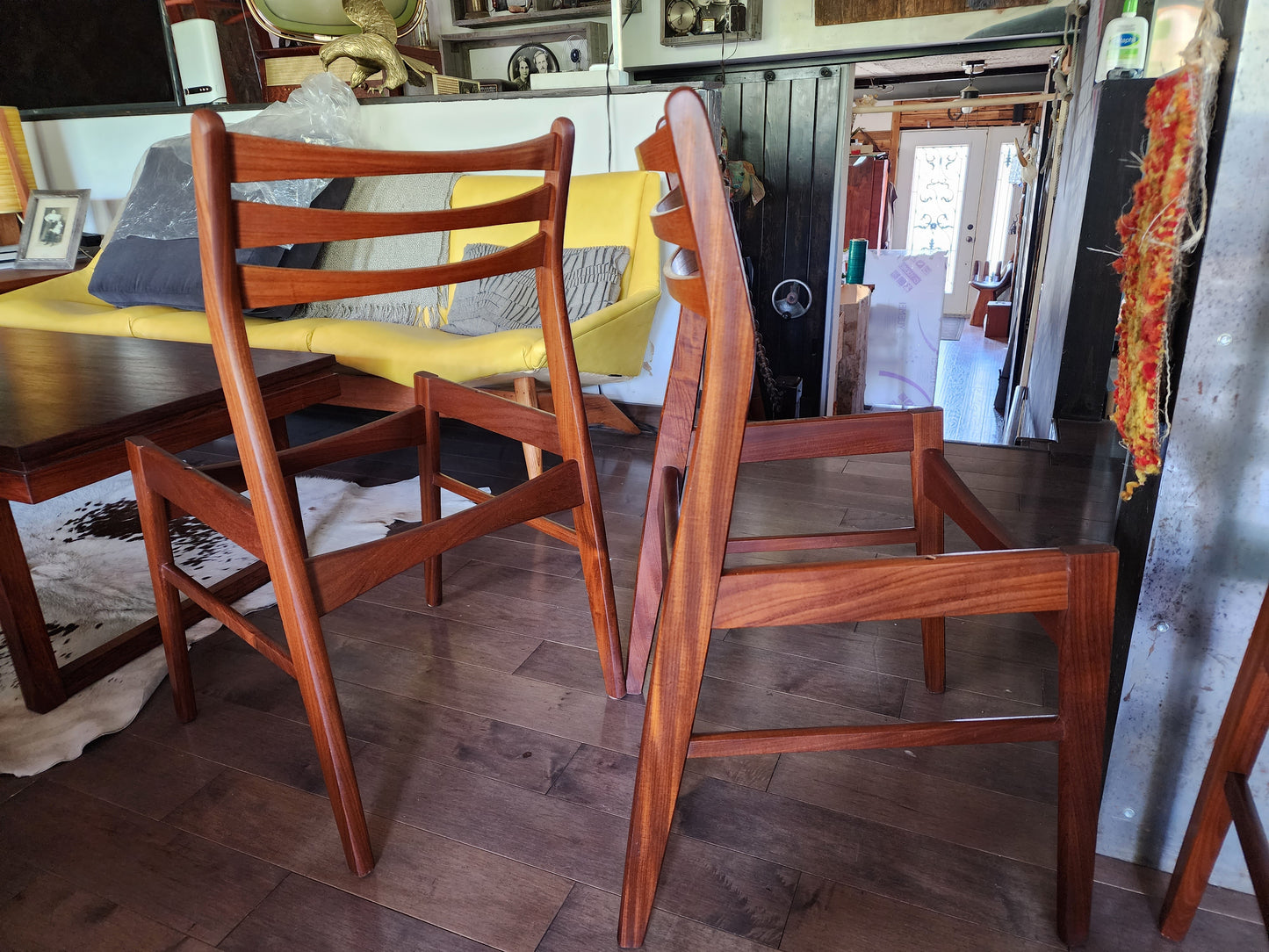 6 REFINISHED will be REUPHOLSTERED Danish Mid Century Modern Teak Chairs Ladder Back